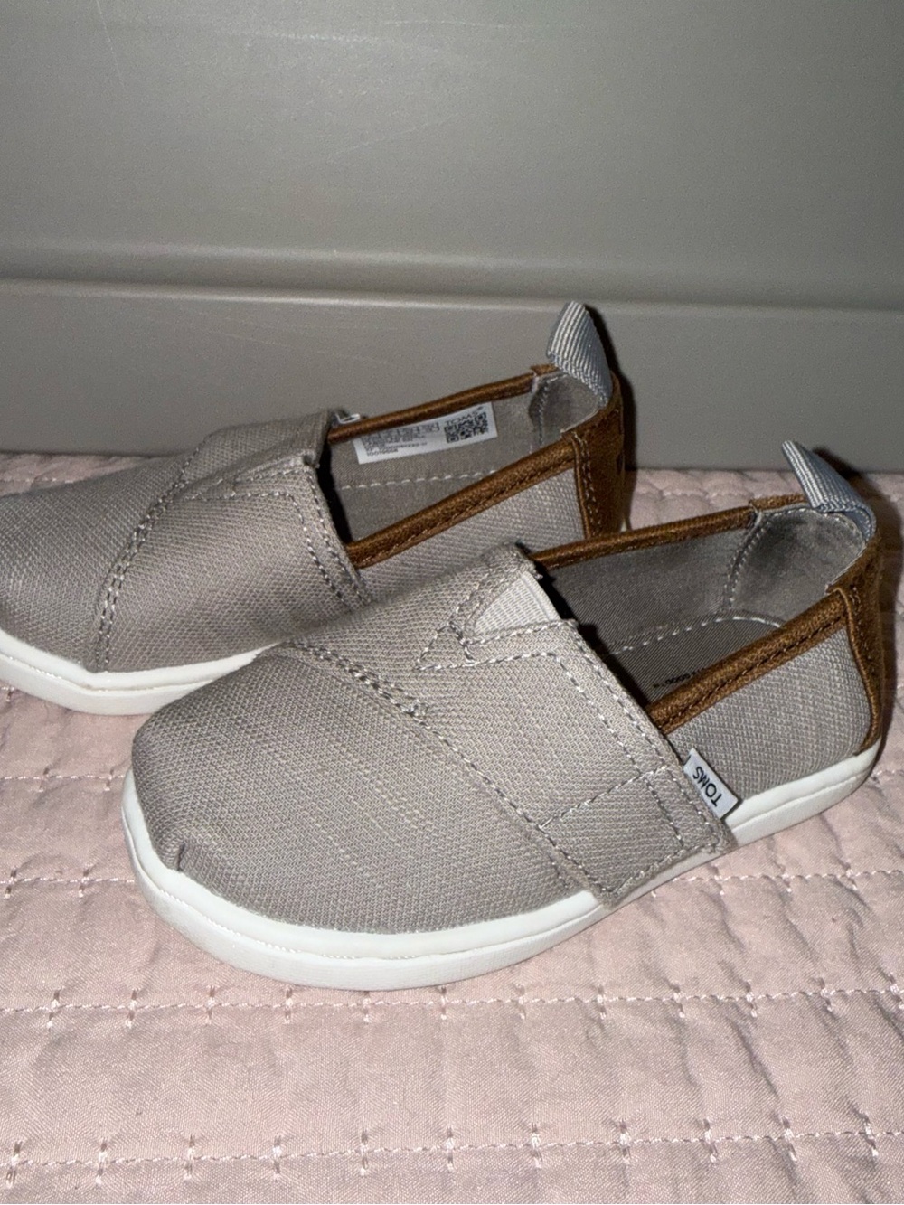 Toms Baby Slip-On Canvas Shoes in Taupe with Brown Trim